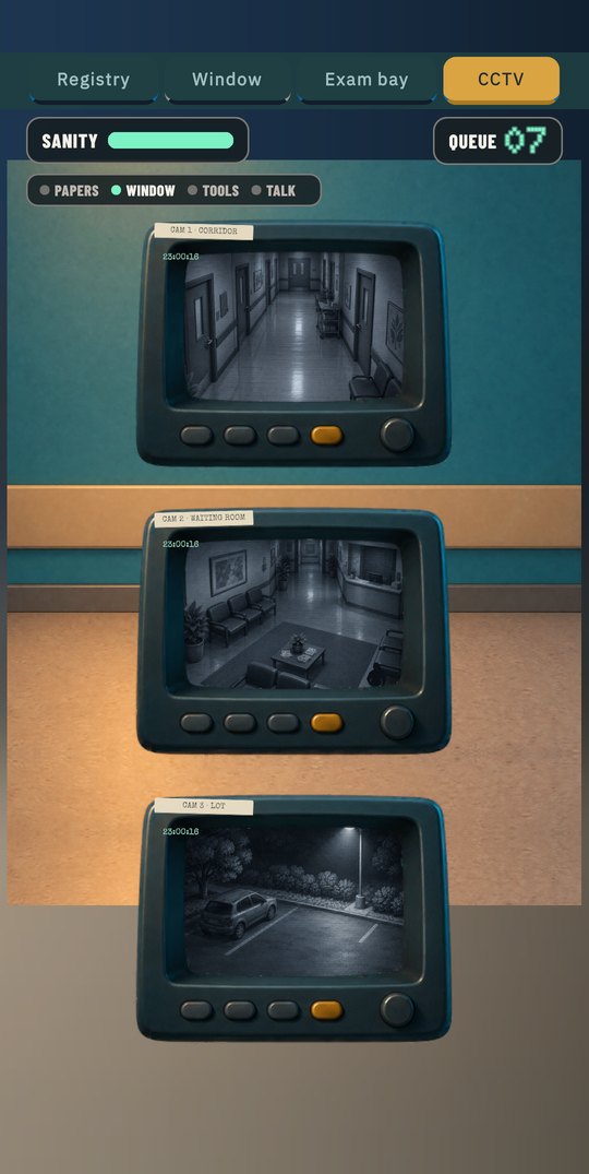 Three CCTV monitors showing the corridor, the waiting room and the car park